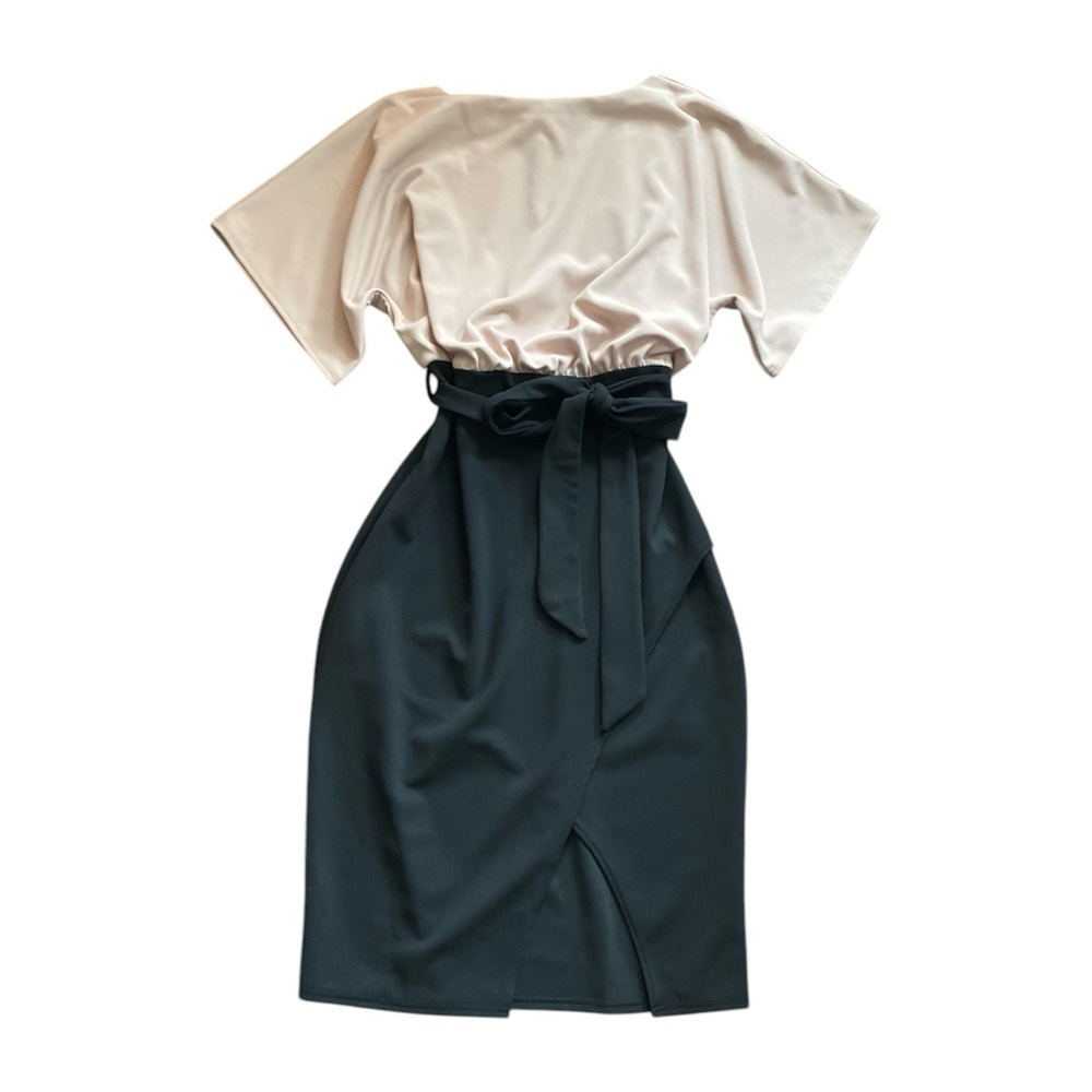 Elegant Black and Beige Dress with Tie